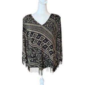 R M Richards Blouse Printed Beaded Fringe Black White Womens Size 16